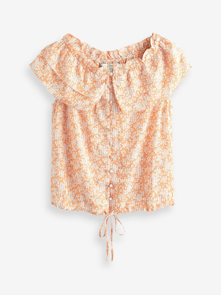 Orange geblümt - Gerüschtes Satin-Top mit Bardot-Ausschnitt - Bild 2 von 2