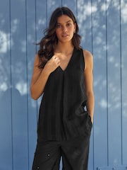 Black Linen Blend V-Neck Summer Top - Image 1 of 6