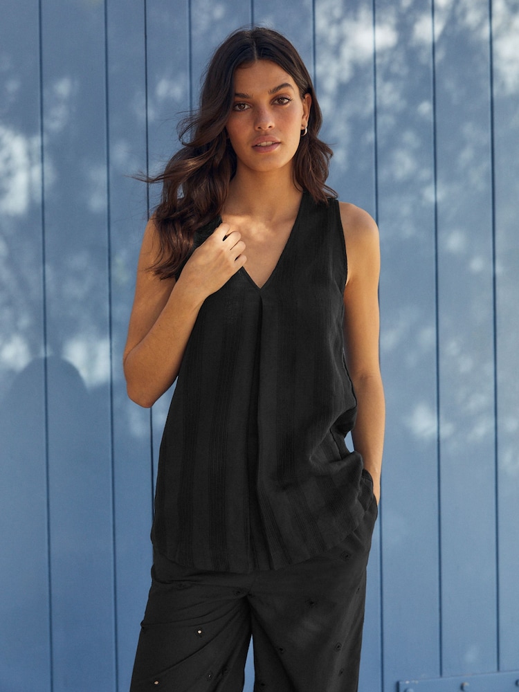 Black Linen Blend V-Neck Summer Top - Image 1 of 6