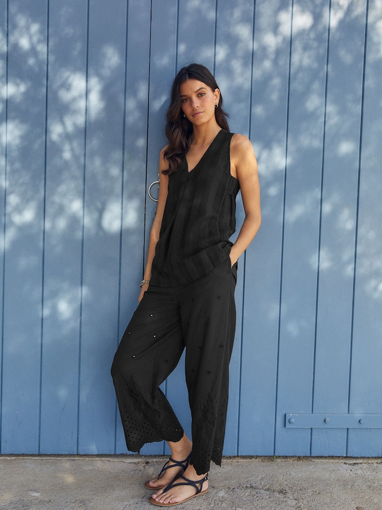 Black Linen Blend V-Neck Summer Top - Image 2 of 6