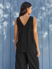 Black Linen Blend V-Neck Summer Top - Image 3 of 6