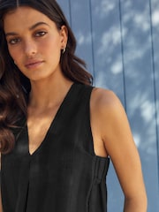 Black Linen Blend V-Neck Summer Top - Image 4 of 6
