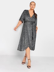 Yours Curve Silver London Sequin Tulip Hem Wrap Dress - Image 1 of 4