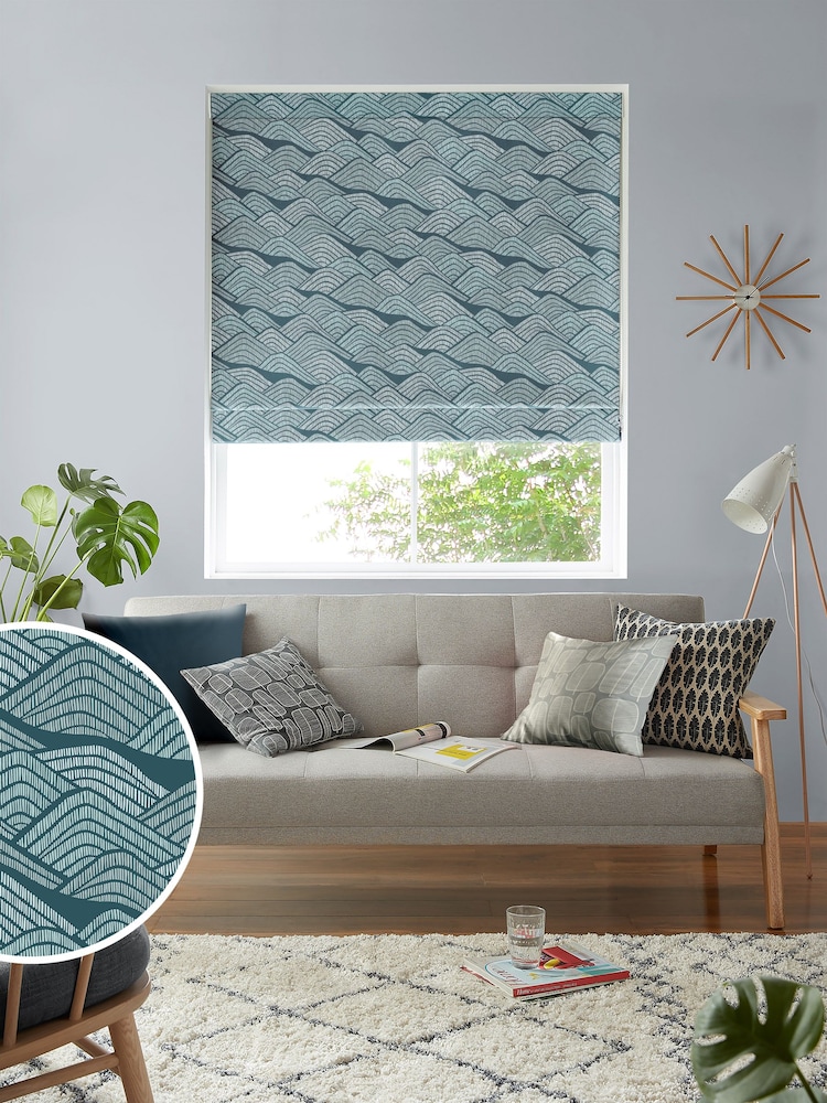 MissPrint Blue 100% Cotton Frontier Made to Measure Roman Blind - Image 1 of 6