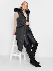 Long Tall Sally Black Faux Fur Trim Midi Gilet - Image 4 of 5