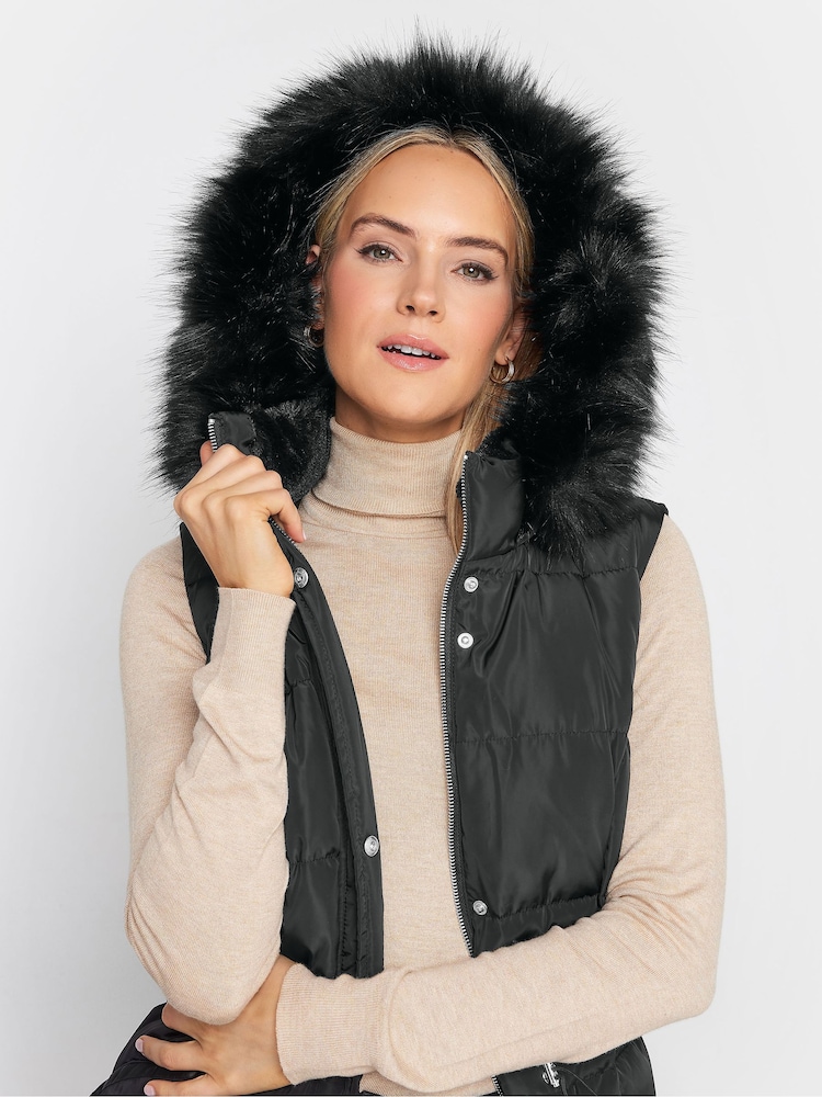 Long Tall Sally Black Faux Fur Trim Midi Gilet - Image 5 of 5