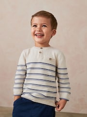 Ecru Cream 100% Cotton Henley Stripe Knit Crew Jumper (3mths-7yrs) - Image 1 of 7