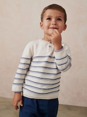 Ecru Cream 100% Cotton Henley Stripe Knit Crew Jumper (3mths-7yrs) - Image 2 of 7