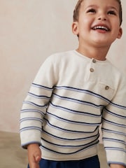 Ecru Cream 100% Cotton Henley Stripe Knit Crew Jumper (3mths-7yrs) - Image 3 of 7