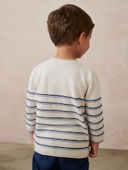 Ecru Cream 100% Cotton Henley Stripe Knit Crew Jumper (3mths-7yrs) - Image 4 of 7