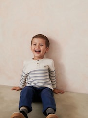 Ecru Cream 100% Cotton Henley Stripe Knit Crew Jumper (3mths-7yrs) - Image 5 of 7