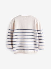 Ecru Cream 100% Cotton Henley Stripe Knit Crew Jumper (3mths-7yrs) - Image 7 of 7