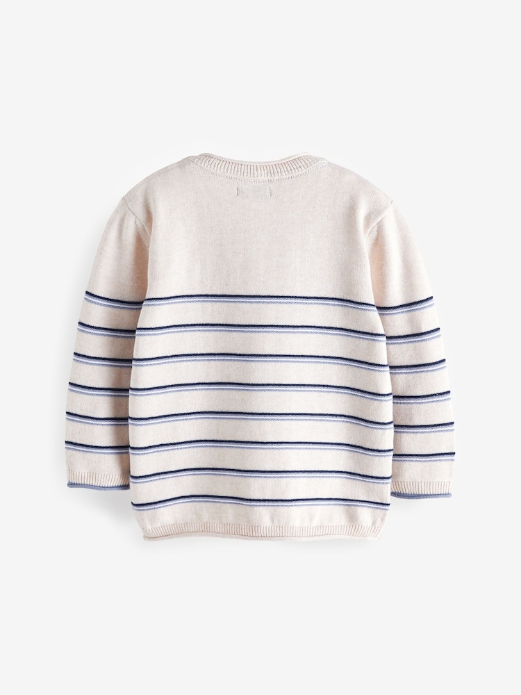 Ecru Cream 100% Cotton Henley Stripe Knit Crew Jumper (3mths-7yrs) - Image 7 of 7 Ecru Cream 100% Cotton Henley Stripe Knit Crew Jumper (3mths-7yrs) - Image 7 of 7