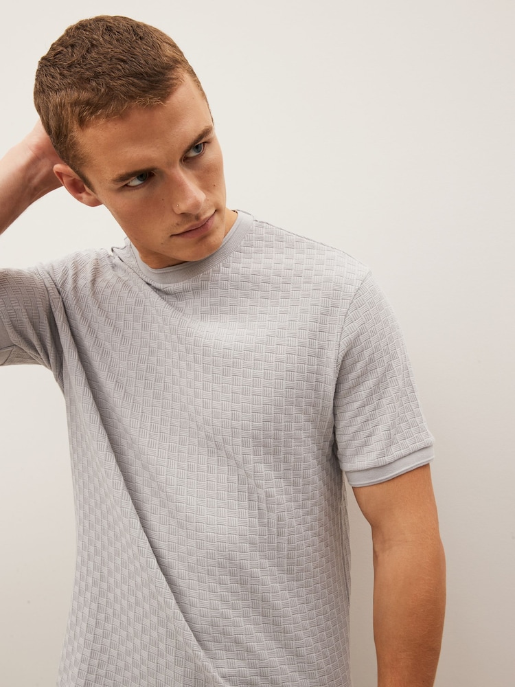 Grey Basket Weave Textured T-Shirt - Image 1 of 4 Grey Basket Weave Textured T-Shirt - Image 1 of 4