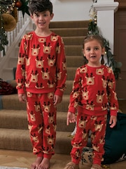 Rotes Rentier - Kuschelige, weihnachtliche Pyjamas (Familienkollektion) für Kinder (9M.–16J.) - Bild 1 von 5