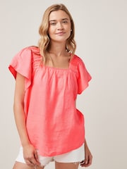 Bright Pink Flutter Sleeve Linen Square Neck Top - Image 1 of 1