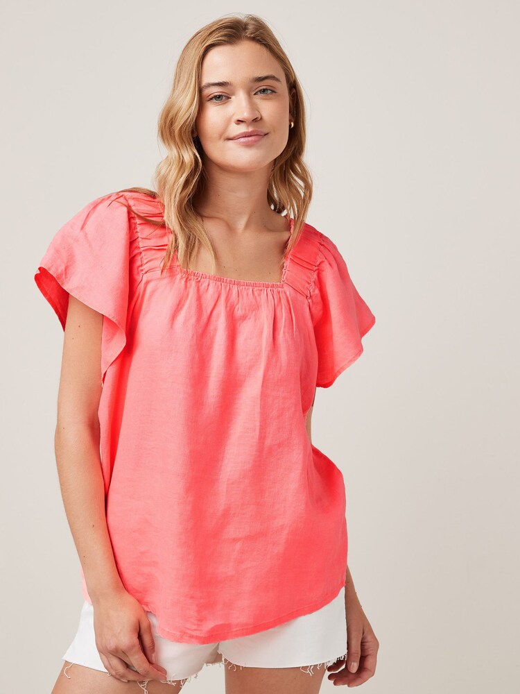 Bright Pink Flutter Sleeve Linen Square Neck Top - Image 1 of 1