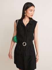 Charcoal Grey Linen Blend Sleeveless Utility Mini Dress - Image 1 of 2