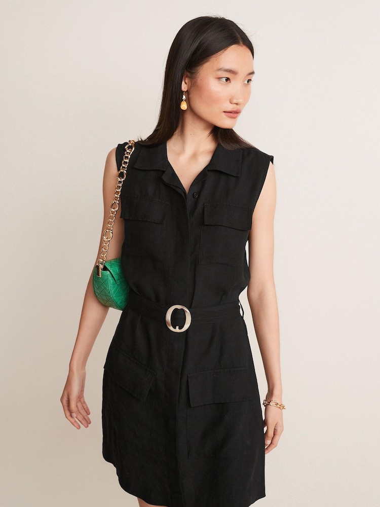 Charcoal Grey Linen Blend Sleeveless Utility Mini Dress - Image 1 of 2