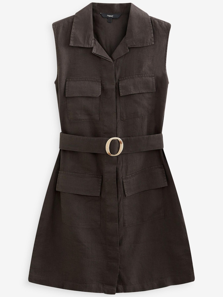 Charcoal Grey Linen Blend Sleeveless Utility Mini Dress - Image 2 of 2