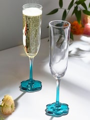 Set of 2 Teal Blue Flower Base Champagne Flutes - Image 1 of 5