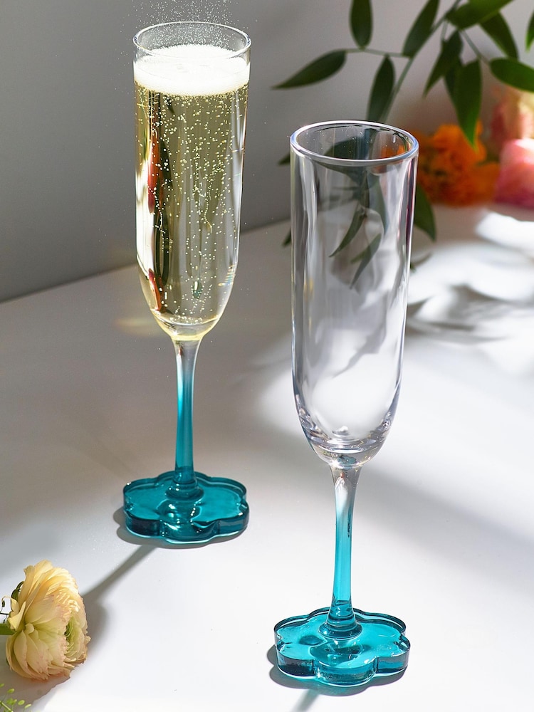Set of 2 Teal Blue Flower Base Champagne Flutes - Image 1 of 5