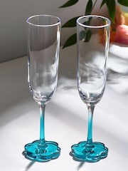 Set of 2 Teal Blue Flower Base Champagne Flutes - Image 2 of 5