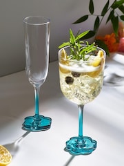 Set of 2 Teal Blue Flower Base Champagne Flutes - Image 3 of 5