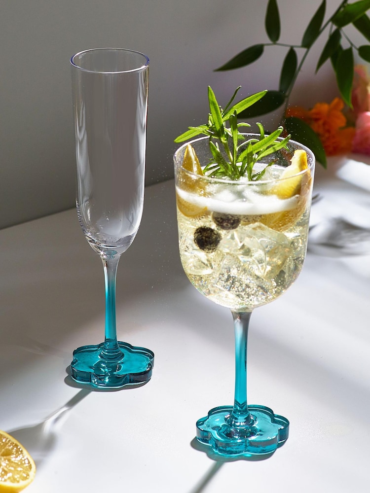 Set of 2 Teal Blue Flower Base Champagne Flutes - Image 3 of 5