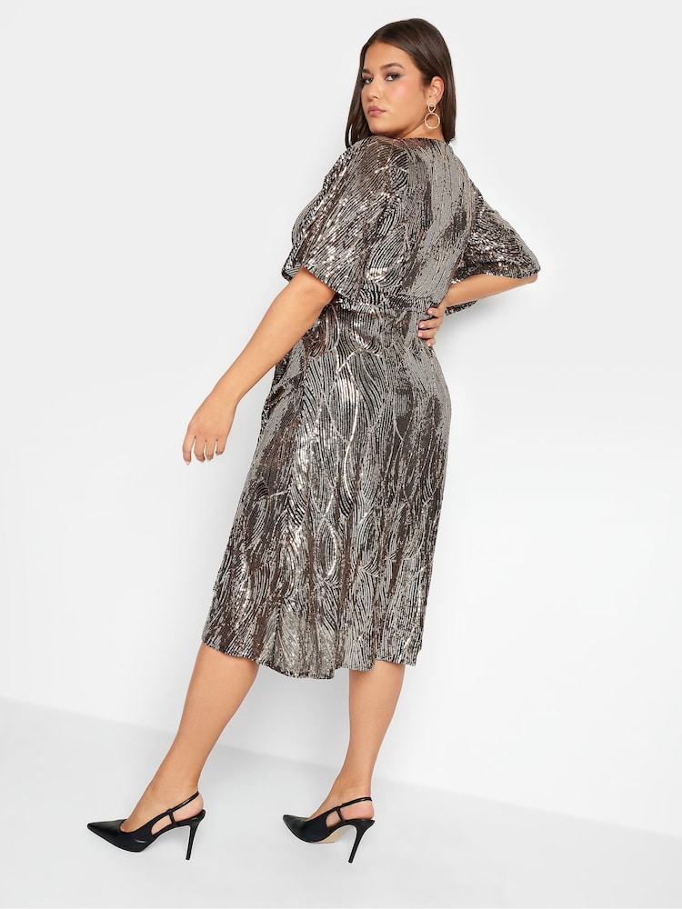 Yours Curve Gold London Sequin Abstract Tulip Hem Wrap Dress - Image 2 of 4