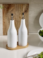 Set of 2 White Malvern Embossed Oil Set of 2 Oil Bottles Bottles with Tray - Image 1 of 6
