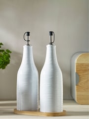 Set of 2 White Malvern Embossed Oil Set of 2 Oil Bottles Bottles with Tray - Image 2 of 6