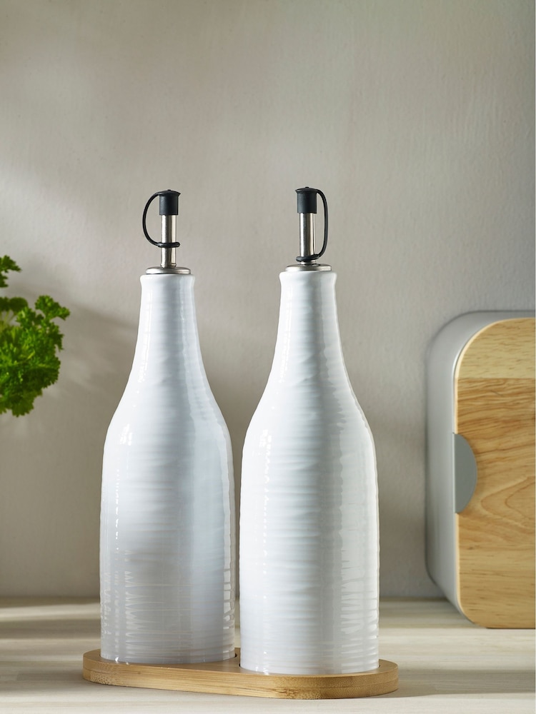 Set of 2 White Malvern Embossed Oil Set of 2 Oil Bottles Bottles with Tray - Image 2 of 6