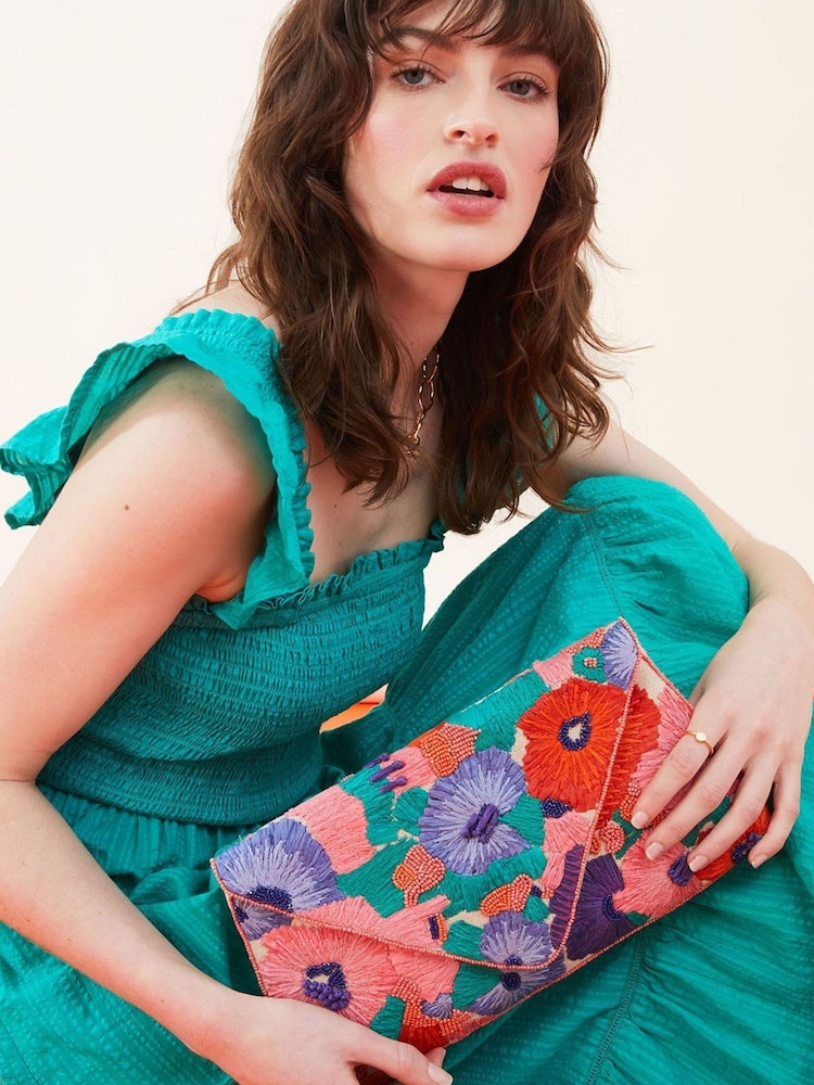 Accessorize Blue Raffia Embellished Floral Clutch Bag - Image 1 of 3