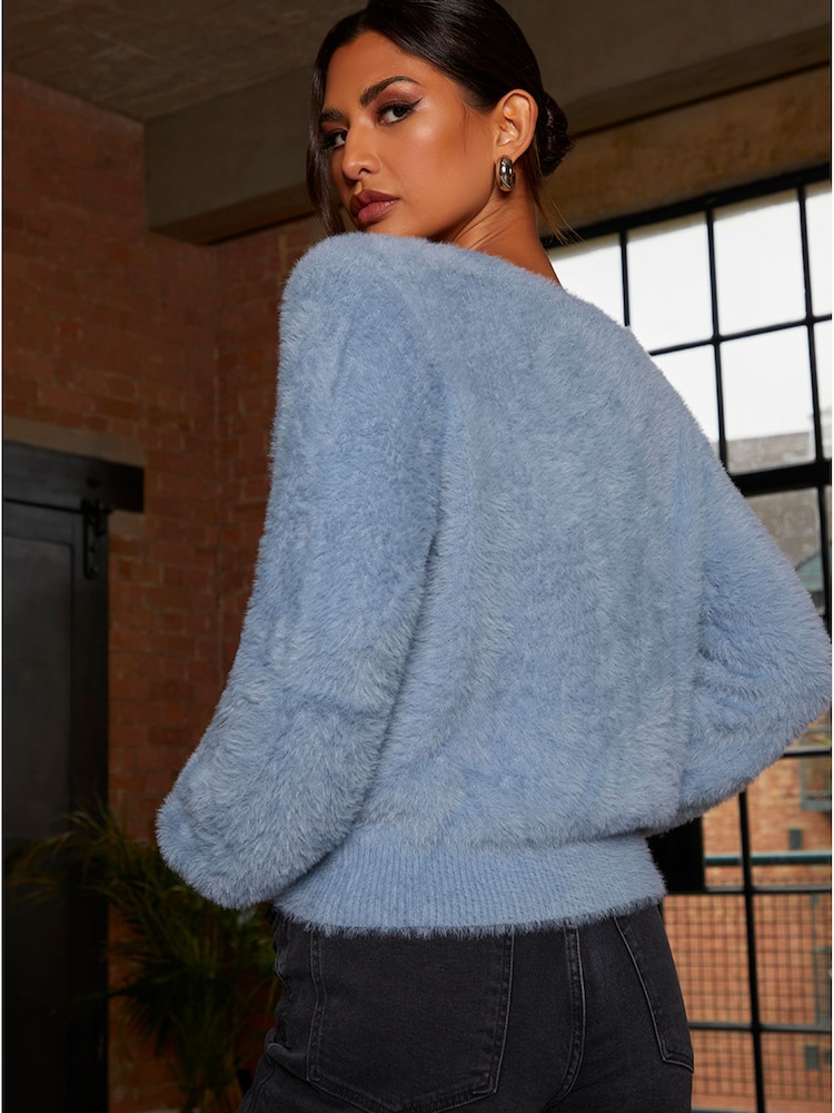 Chi Chi London Blue Fluffy Yarn Pearl Detail Knitted Cardigan - Image 2 of 4 Chi Chi London Blue Fluffy Yarn Pearl Detail Knitted Cardigan - Image 2 of 4