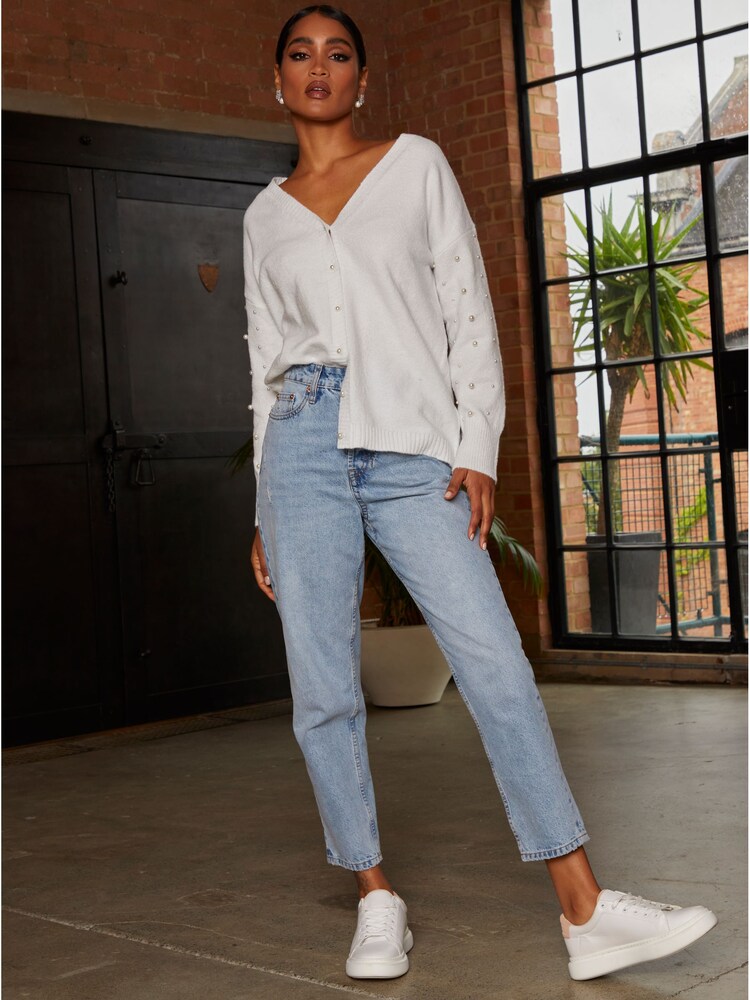 Chi Chi London Cream Pearl Detail Oversized Cardigan - Image 1 of 4 Chi Chi London Cream Pearl Detail Oversized Cardigan - Image 1 of 4