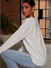 Chi Chi London Cream Pearl Detail Oversized Cardigan - Image 2 of 4