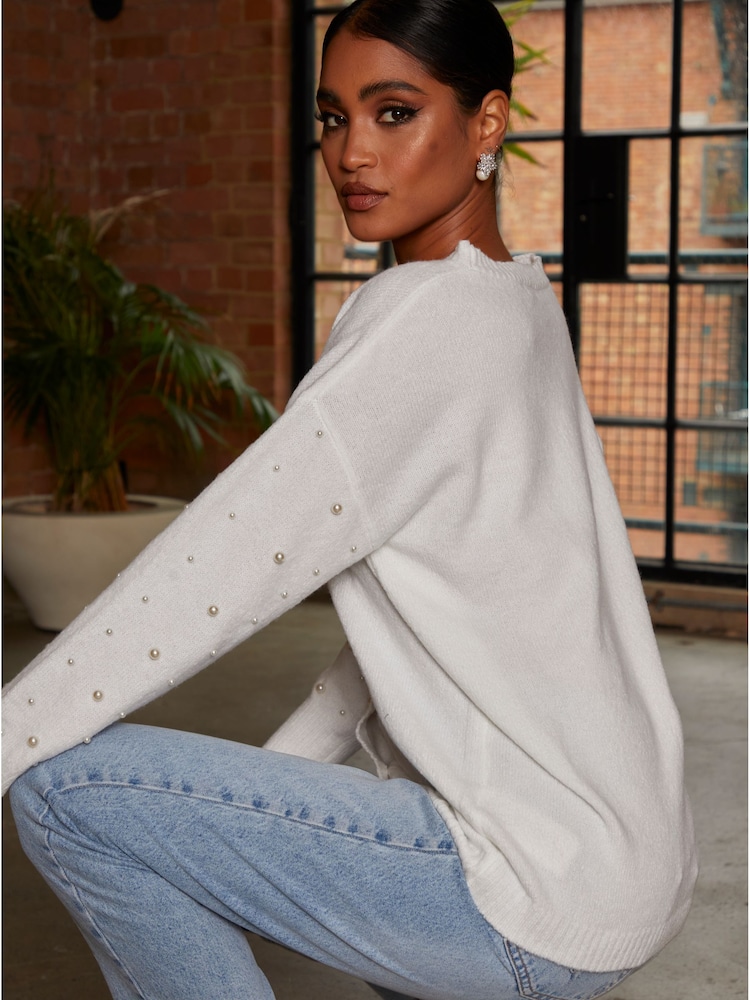 Chi Chi London Cream Pearl Detail Oversized Cardigan - Image 2 of 4