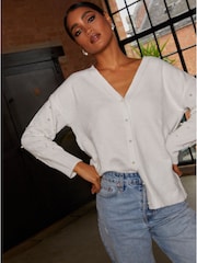 Chi Chi London Cream Pearl Detail Oversized Cardigan - Image 3 of 4
