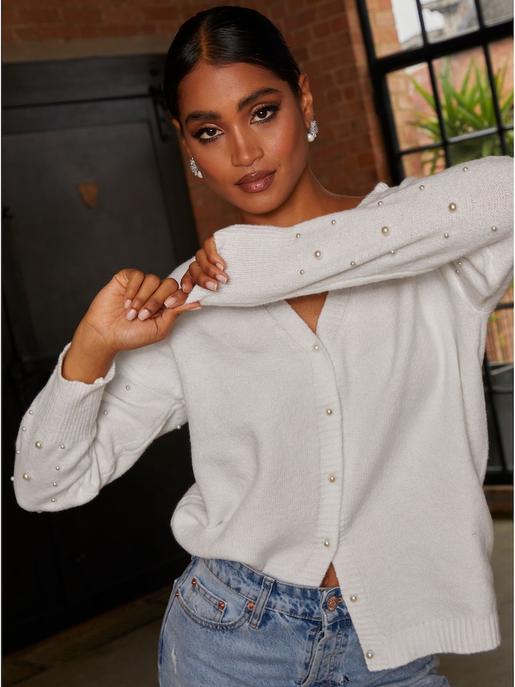 Chi Chi London Cream Pearl Detail Oversized Cardigan - Image 4 of 4