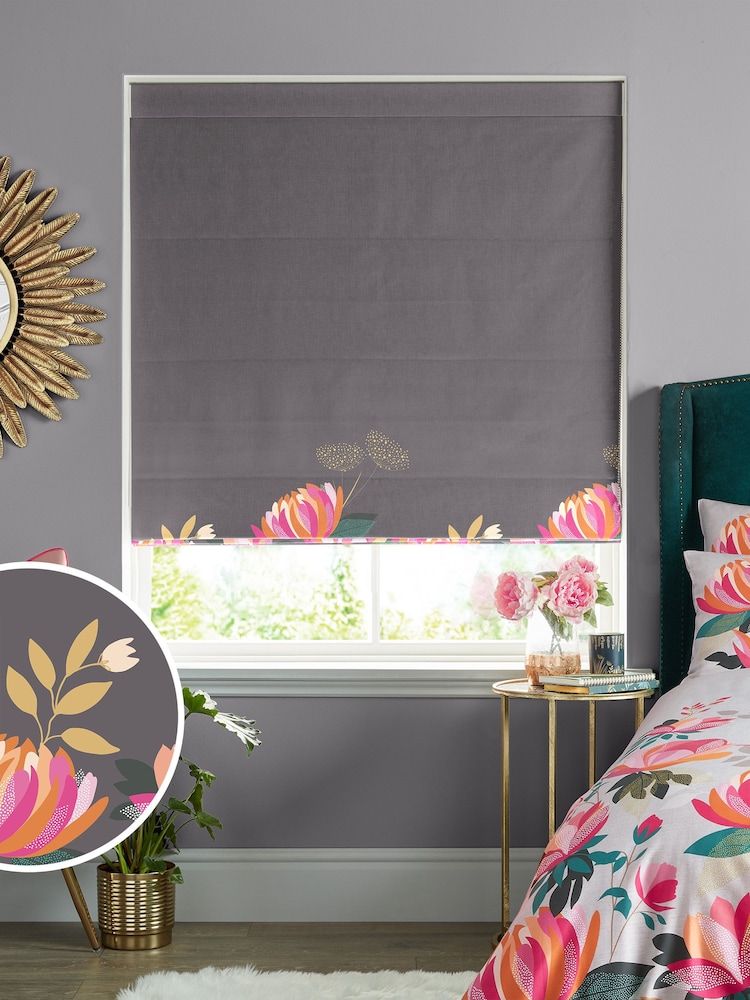 Sara Miller Dark Grey 100% Cotton Peony Border Made to Measure Roman Blind - Image 1 of 5