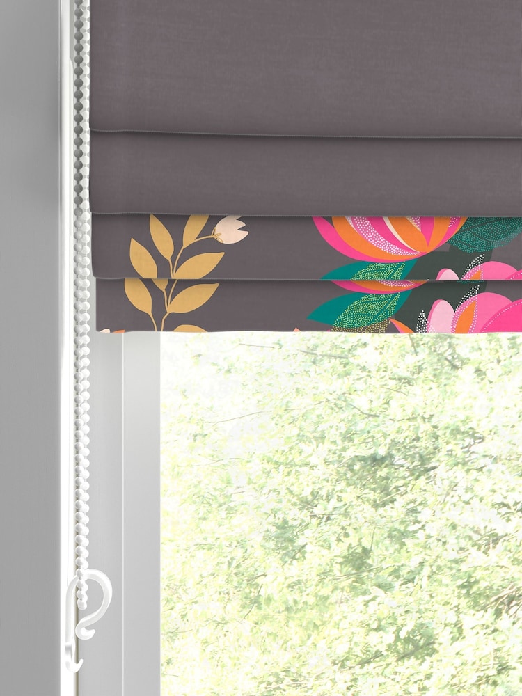 Sara Miller Dark Grey 100% Cotton Peony Border Made to Measure Roman Blind - Image 2 of 5
