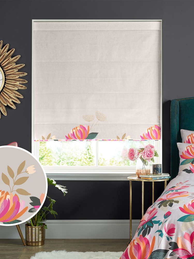 Sara Miller Pale Grey 100% Cotton Peony Border Made to Measure Roman Blind - Image 1 of 5