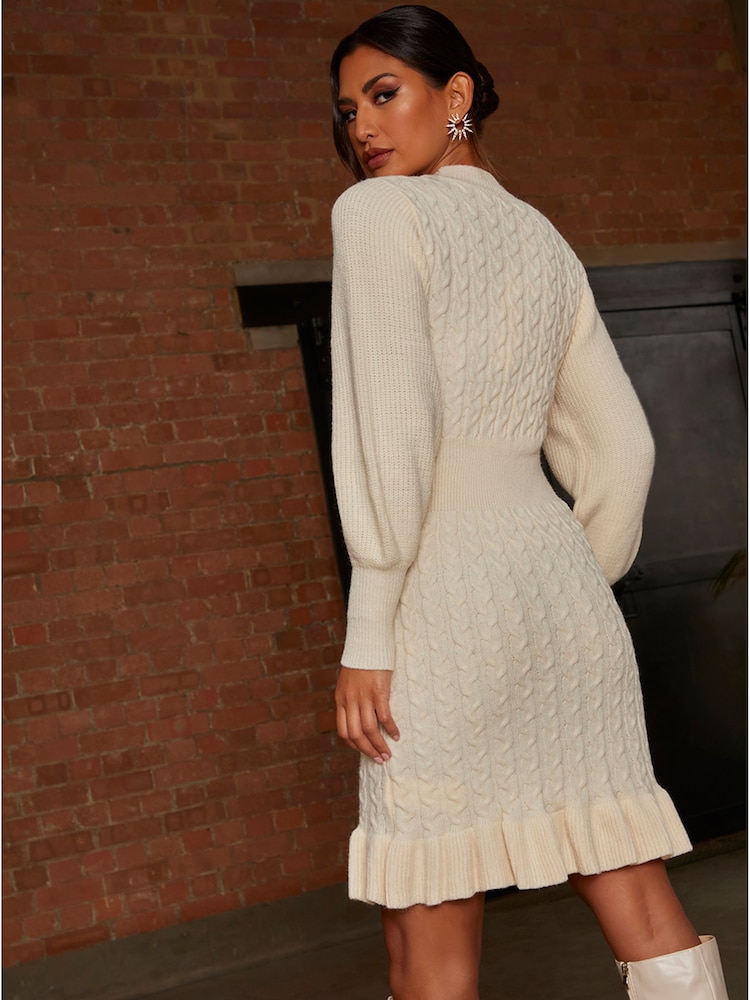Chi Chi London Cream Balloon Sleeve Cable Knit Mini Jumper Dress - Image 2 of 4 Chi Chi London Cream Balloon Sleeve Cable Knit Mini Jumper Dress - Image 2 of 4