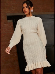 Chi Chi London Cream Balloon Sleeve Cable Knit Mini Jumper Dress - Image 3 of 4