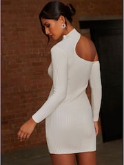 Chi Chi London White Cut Out Long Sleeve Knitted Rib Dress - Image 2 of 4