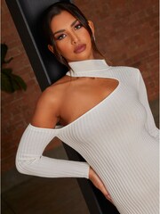 Chi Chi London White Cut Out Long Sleeve Knitted Rib Dress - Image 4 of 4