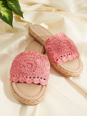FatFace Pink Cate Crochet Raffia Sliders - Image 4 of 6