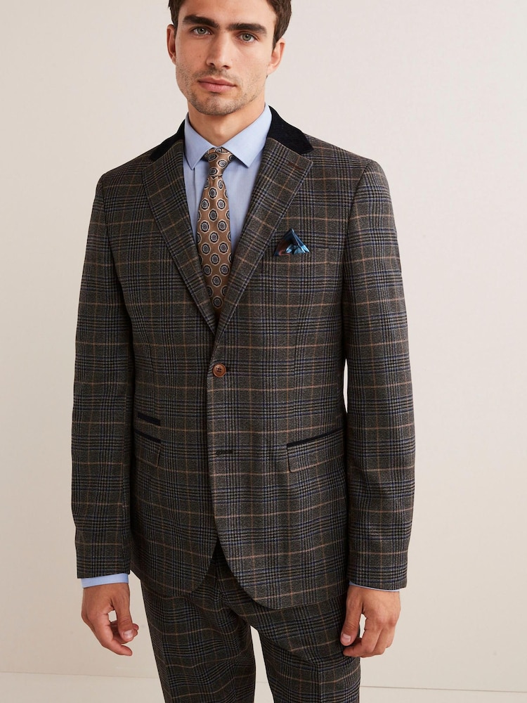 Grey/Blue Trimmed Prince of Wales Check Suit Jacket - Image 1 of 12