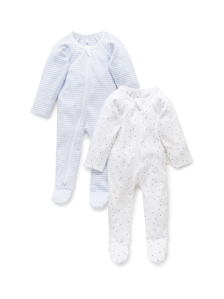 Purebaby Blue 100% Cotton Zip Baby Sleepsuits 2 Pack - Image 1 of 5